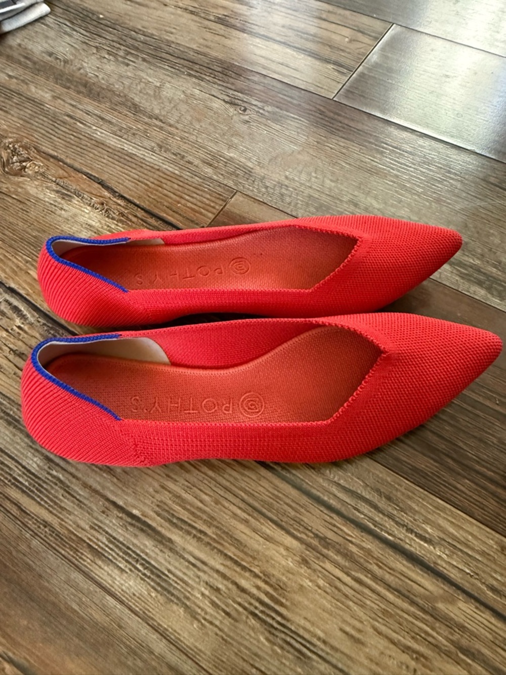 Rothy's Red Pointed Knit Flats with Blue Heel Accent